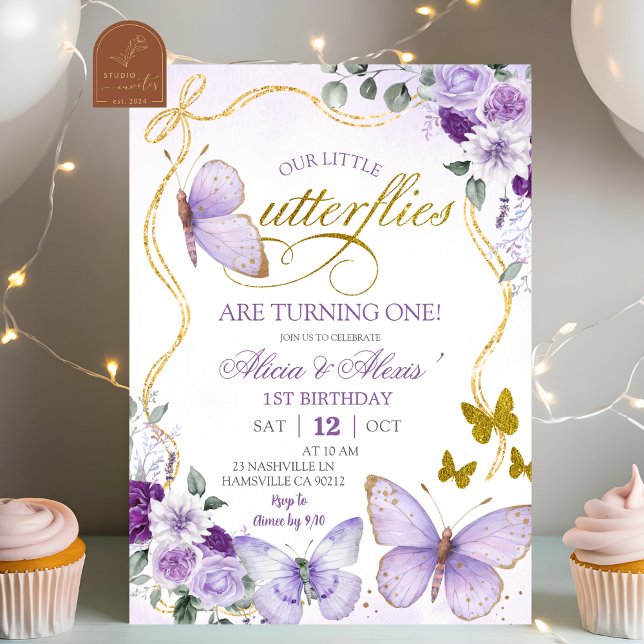 Convites Coquette Purple Butterfly Twins Birthday (Criador carregado)