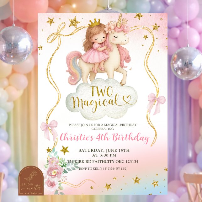 Convites Coquette Rainbow Pastel Unicorn TWO Magical Birthd (Criador carregado)