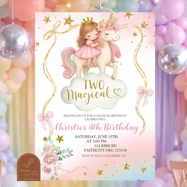 Convites Coquette Rainbow Pastel Unicorn TWO Magical Birthd (Criador carregado)
