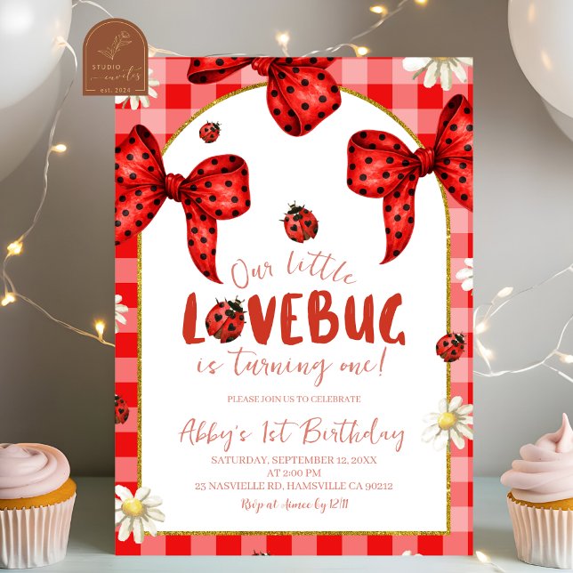 Convites Coquette Red Bow Lovebug First Birthday Invitation (Criador carregado)