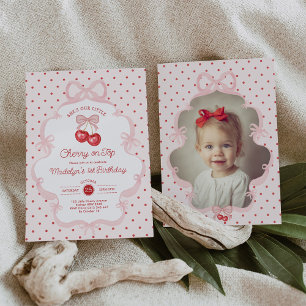 Convites Coquette Rosa Cereja no Topo Aniversário de 1 ano
