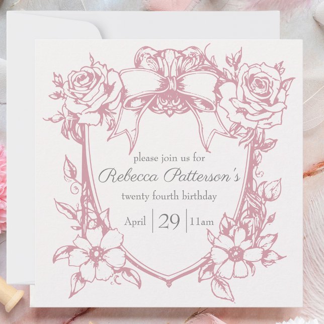 Convites Coquette Rosa Fofo Feminino Quadro Festa (feminine pink coquette birthday  party invitation pink bow floral frame victorian tea party cute)