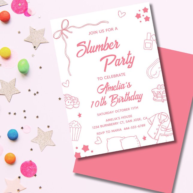 Convites Coquette Slumber Party Invitation for Girls (Pink coquette kids pajama party invite with bows, pastel details, and cute girly sleepover icons.)