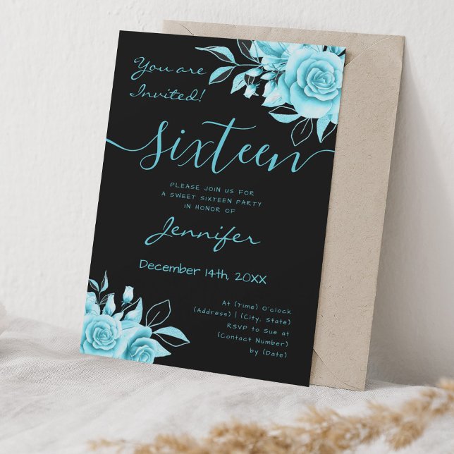 Convites Coquette Turquoise Sweet 16 Floral Glam Black (Coquette Turquoise Sweet 16 Floral Glam Black Invitation)