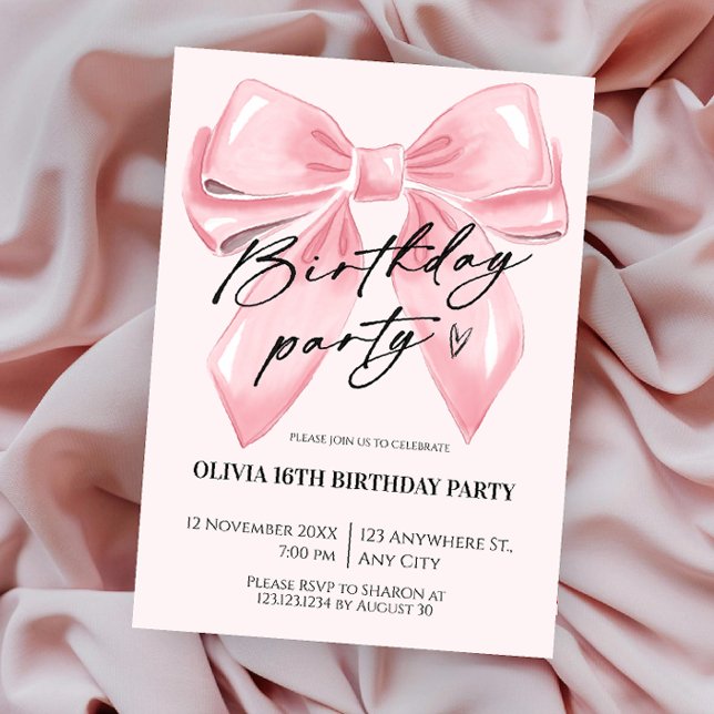 Convites Coquettish Bow Pink Birthday Invitation (Criador carregado)