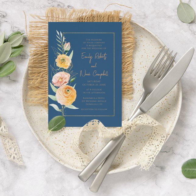 Convites Cor Azul Laranja Azul Elegante Floral (Criador carregado)