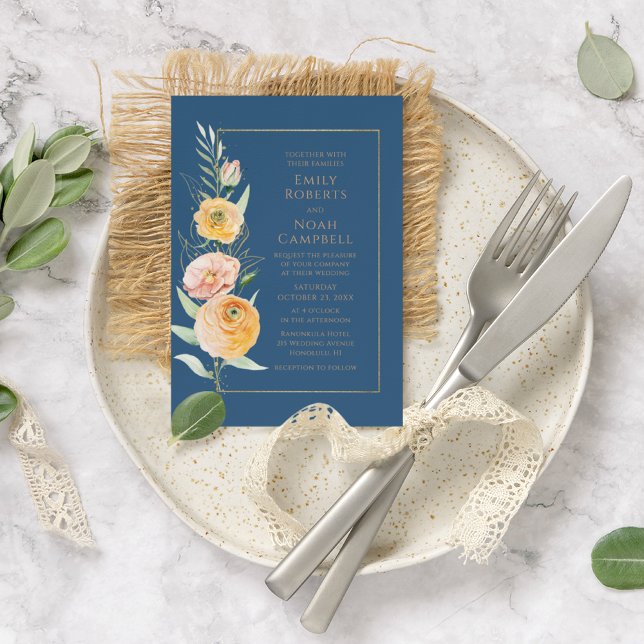 Convites Cor Azul Laranja Azul Elegante Floral (Criador carregado)