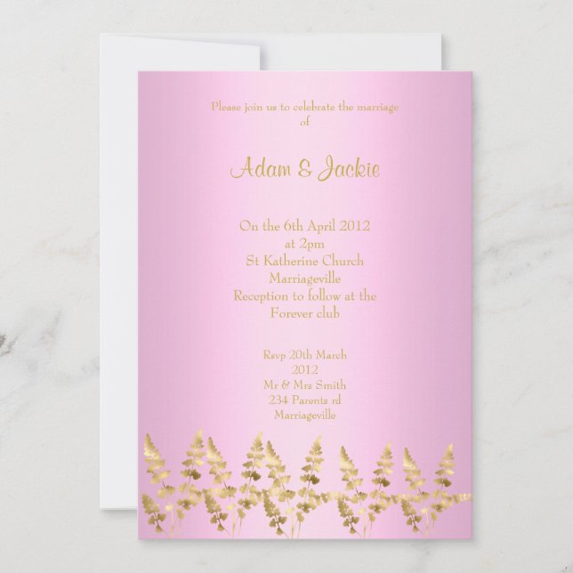 Convites COR bonito rosa-folha-de-ouro ELEGANTE CLASSY WEDD (Frente)