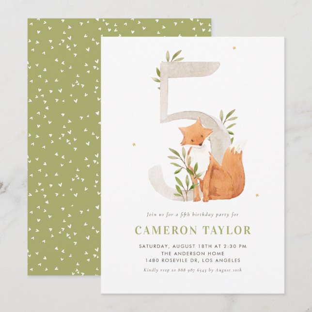 Convites Cor da Água Cura Fox Woodland Quinta Festa de aniv (Frente/Verso)