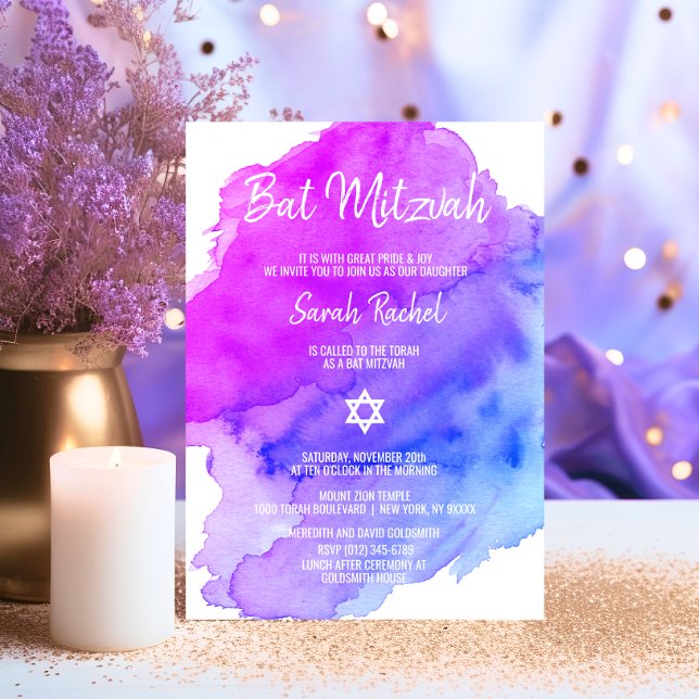 Convites Cor da Água Moderna Azul Púrpura Estrela BAT MITZV (Modern Watercolor Purple Blue Star BAT MITZVAH Invitation)