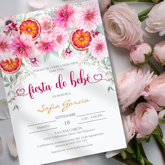 Convites Cor da Água Rosa e Citrus Chá de fraldas Espanhol (Spanish baby shower invitation with watercolor pink flowers and slices of orange)