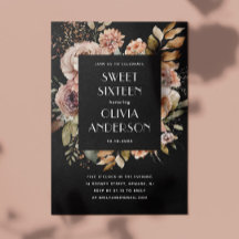 Cor d'água elegante preto floral Sweet 16 dezessei