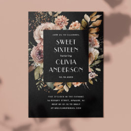 Convites Cor d'água elegante preto floral Sweet 16 dezessei