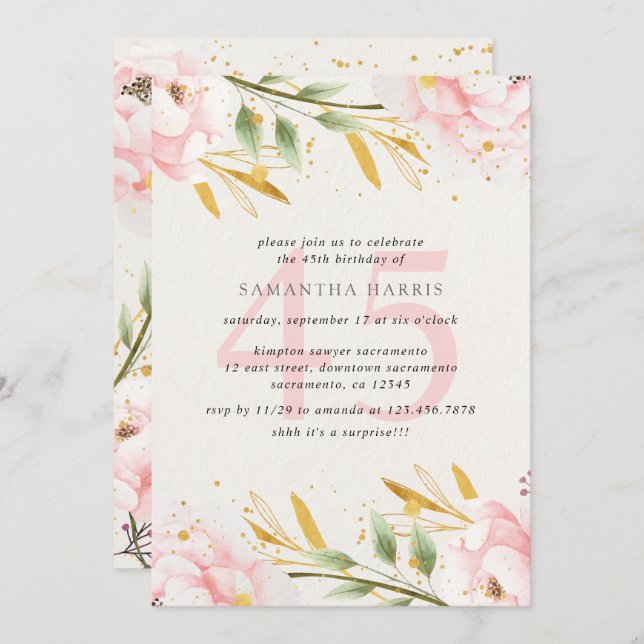 Convites Cor d'água Elegante rosa e Festa de aniversário 45 (Frente/Verso)