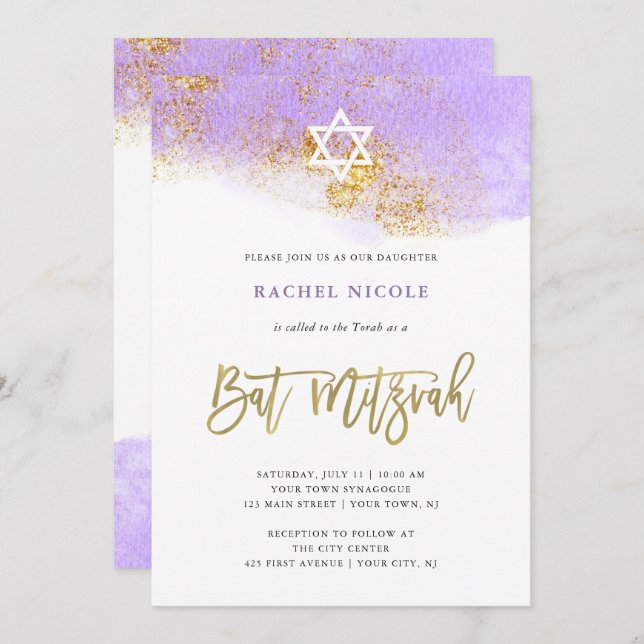 Convites Cor d'água| Faux Dourado Bat Mitzvah (Frente/Verso)