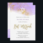 Convites Cor d'água| Faux Dourado Bat Mitzvah<br><div class="desc">Este convite do Bat Mitzvah,  em moda,  apresenta uma aparência cor de água roxa colorida,  com um roteiro de ouro moderno,  um brilho falso,  e uma estrela de David.</div>