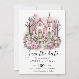 Convites cor d'água floral da igreja rosa, salvar a data