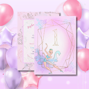 Convites Cor d'água rosa branca Ballerina Dourada Nome Geom