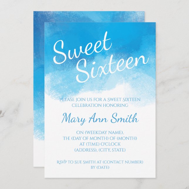 Convites Cor de Água Azul de 16 Verão Doce (Frente/Verso)