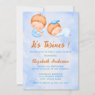 Convites Cor de água bonita É Chá de fraldas azul gêmeo
