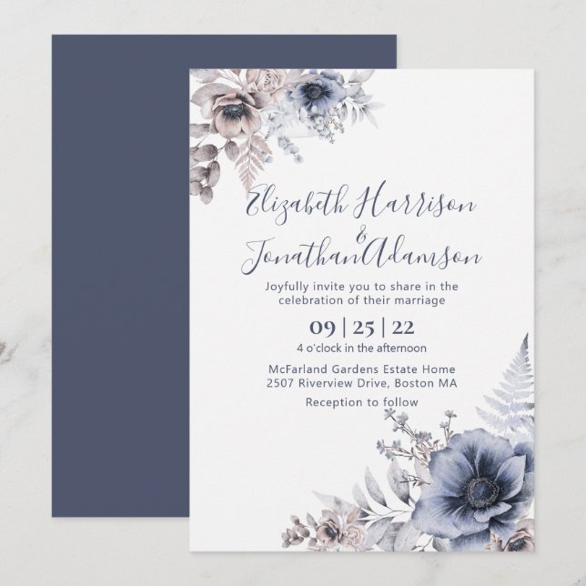 Convites Cor de Água Floral Azul Dusty| Slate Blue Wedding (Frente/Verso)