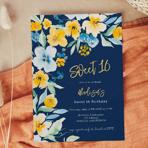 Convites Cor de água floral azul Elegante Sweet 16
