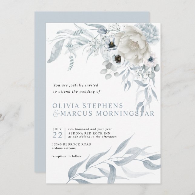 Convites Cor de Água Moderna Azul Pálido Dusty Floral (Frente/Verso)