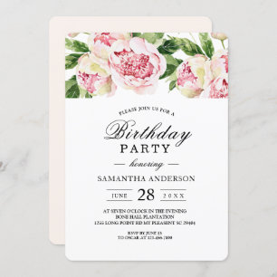 Convites Cor de Água Moderna - Pêonias Rosa e Folha Verde