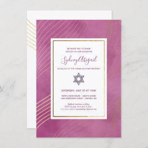 Convites Cor de Água Moderna Rosa e Bat Dourado Mitzvah