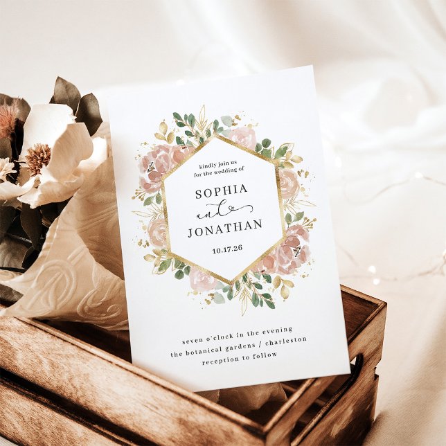 Convites Cor de Água Neutra Branco Floral | Casamento (An elegant, neutral floral wedding invitation with a faux gold look)