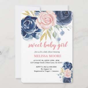 Convites Cor de água rosa azul-marinho floral de menina doc