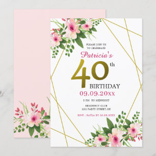 Convites Cor de Água Rosa Dourada Floral, aniversário de 40