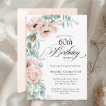 Convites Cor de Água Rosa e Beige Floral 60º Aniversário<br><div class="desc">Um belamente feminino 60º convite de aniversário para comemorar este aniversário especial do marco, este design apresenta adoráveis buquês de papoilas aquáticas, rosas, eucalipto e vegetação rasteira em bege pastel, rosa, verde e azul-esverdeado. Celebrar o convidado de honra em estilo encantador com o aniversário soletrado em lindos escritos em caligrafia....</div>