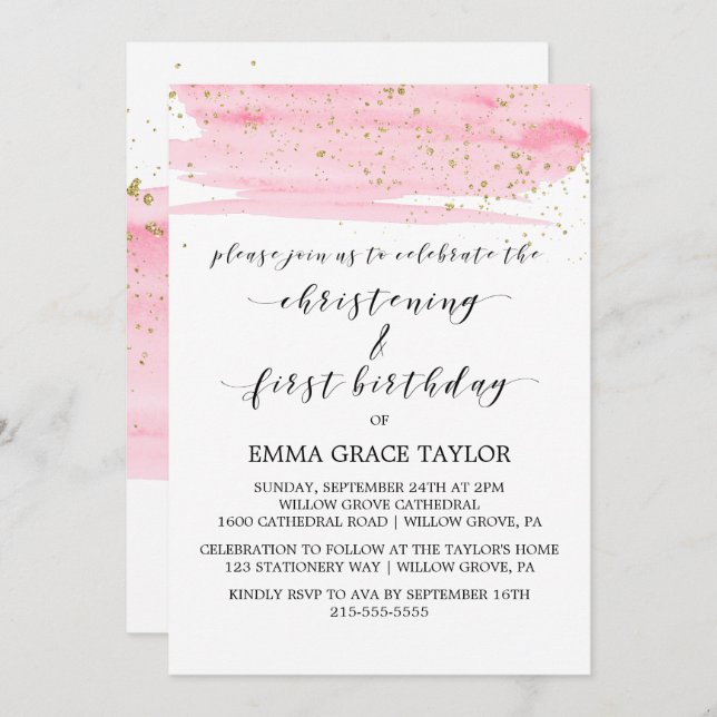 Convites Cor-de-água rosa e Dourado Natal e primeiro aniver (Frente/Verso)