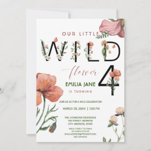 Convites Cor de Água Rosa Pequenas Poppies 4º Aniversário