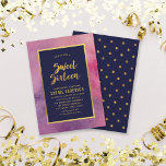 Convites Cor de Água Rosa Púrpura e Suave Dourado 16<br><div class="desc">Este elegante convite do Sweet 16 apresenta uma aquarela cor rosa púrpura, a expressão "Doce Dezesseis" e uma fronteira, tanto em folha de ouro falsa como num centro azul escuro. O convite tem um padrão de bolinhas de folha de ouro falso contra um fundo azul escuro. C Personalize este convite...</div>