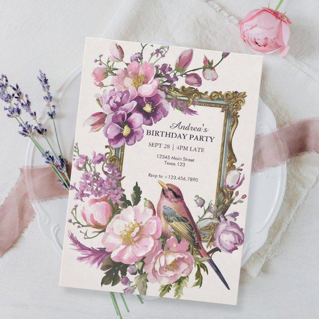 Convites Cor-de-água-viva floral rosa Aniversário (Criador carregado)