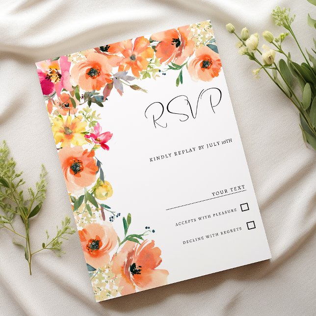 Convites Cor de laranja-amarelada rosa floral de verão RSVP (Botanic orange yellow pink summer floral RSVP)