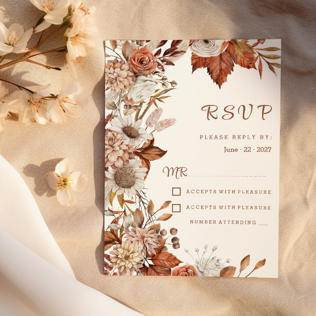 Convites Cor de laranja branco castanho queda rústica flora (Brown white orange fall floral rustic RSVP)