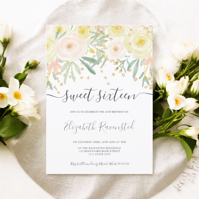 Convites Cor de rosa amarela moderna, verde-ouro floral 16 (Modern yellow rose green floral gold sweet sixteen invitation)