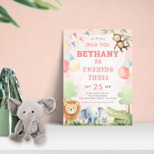 Convites Cor-de-rosa-aniversário de 3 anos da Selva de Temp