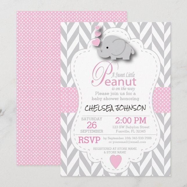 Convites Cor-de-rosa, Cinza branca, elefante 🐘 Chá de fral (Frente/Verso)