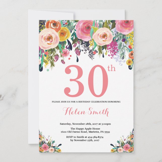 Convites Cor-de-rosa com aniversário de 30 anos de Floral (Frente)