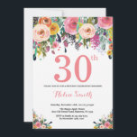 Convites Cor-de-rosa com aniversário de 30 anos de Floral<br><div class="desc">Convite para aniversário de 30 anos Floral para Mulheres. Flor Floral de Aquarela. Rosa, Amarelo, Laranja, Flor Roxo. Aniversário Adulto. 30 40th 50th 60th 80 de 70 de 100th 13 de 16th 18th 20 21rua de qualquer idade. Para mais personalização, clique no botão "Personalizar" e use nossa ferramenta de design...</div>