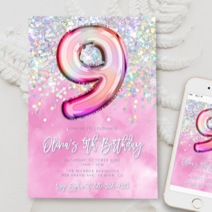 Convites Cor-de-rosa editável 9º Aniversário Modelo Gli