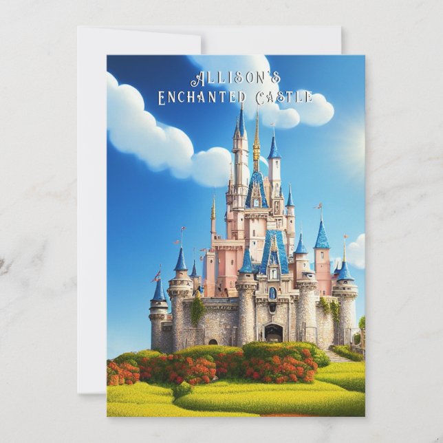 Convites Cor-de-rosa entonada e castelo azul, princesa (Frente)