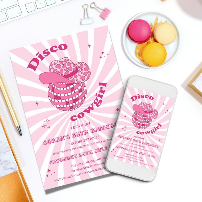 Convites Cor de Rosa | Festa de aniversário Disco Cowgirl (Disco Cowgirl Birthday Party Invitation Template)