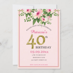 Convites Cor-De-Rosa Floral Elegante E aniversário de 40 an
