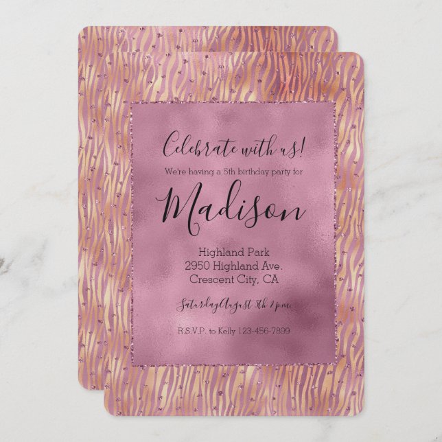 Convites Cor-de-rosa Glitzy Glitz Sparkle Zebra Impressão (Frente/Verso)