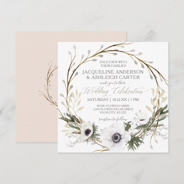 Convites Cor-de-rosa n Anemone branco Twig Fern Eucalyptus  (Frente/Verso)